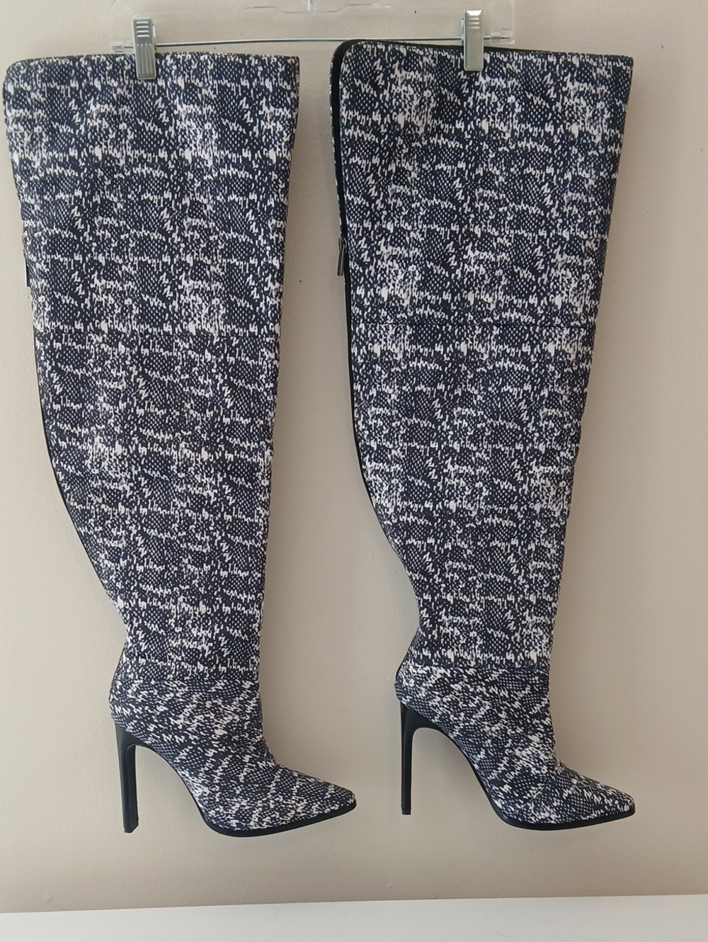Source Unknown Black & White Tweed Over-the-Knee Stiletto Boots